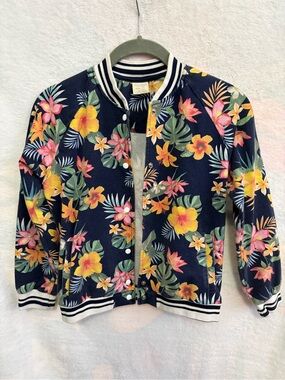 Zara Girls Navy Tropical Floral Jacket with Yellow & Pink Flowers Size 10
